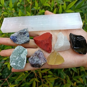 Seven Chakra Raw Crystal Set with Selenite Charging Plate