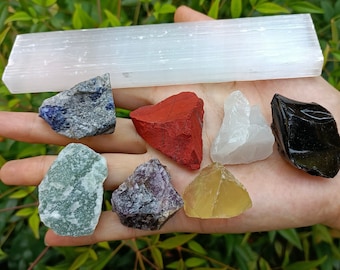 Seven Chakra Raw Crystal Set with Selenite Charging Plate