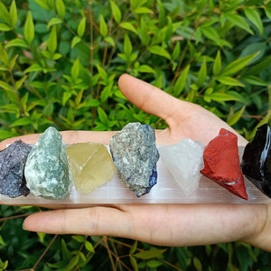 Seven Chakra Raw Crystal Set with Selenite Charging Plate