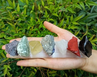 Seven Chakra Raw Crystal Set with Selenite Charging Plate