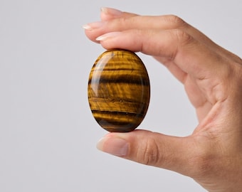 May include: A polished, oval-shaped tiger's eye gemstone. The stone is held in a hand and displays a rich, golden-brown color with dark brown bands. The gemstone's surface is smooth and reflective, with a natural, earthy appearance.
