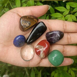 May include: A collection of polished gemstones in various shapes and colors, including a tiger's eye, obsidian, amethyst, and a green stone. The stones are held in an open hand against a backdrop of green foliage.