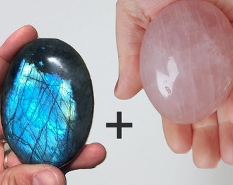 Large Labradorite and Rose Quartz Palm Stone Set of 2