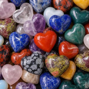 May include: A selection of heart-shaped gemstones in diverse colours and patterns. The collection features clear, purple, blue, red, green, and patterned stones. The gemstones are polished and have a smooth, reflective surface.