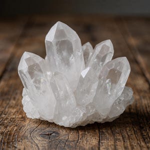 Op de afbeelding: Een cluster van heldere, doorschijnende kwartskristallen met meerdere puntige uiteinden. De mineraalformatie vertoont natuurlijke facetten en variërende hoogtes, met een grillige, kristallijne basisstructuur die kleurloos en reflecterend is.