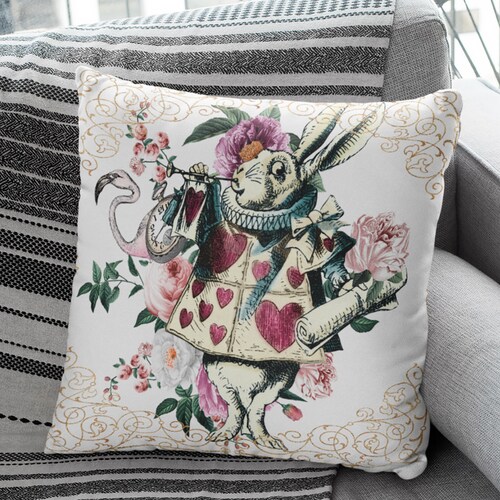 Pillow COVER Alice in Wonderland White Rabbit Decorative Vintage Looking Pillow Case for Home decoration Outdoor Indoor Decoration Pillow COVER Alice in Wonderland White Rabbit Decorative Vintage Looking Pillow Case for Home decoration Outdoor Indoor Decoration