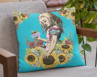 Pillow COVER Alice in Wonderland Sunflower Decorative Vintage looking Pillow COVER for Home decor indoor Outdoor decoration