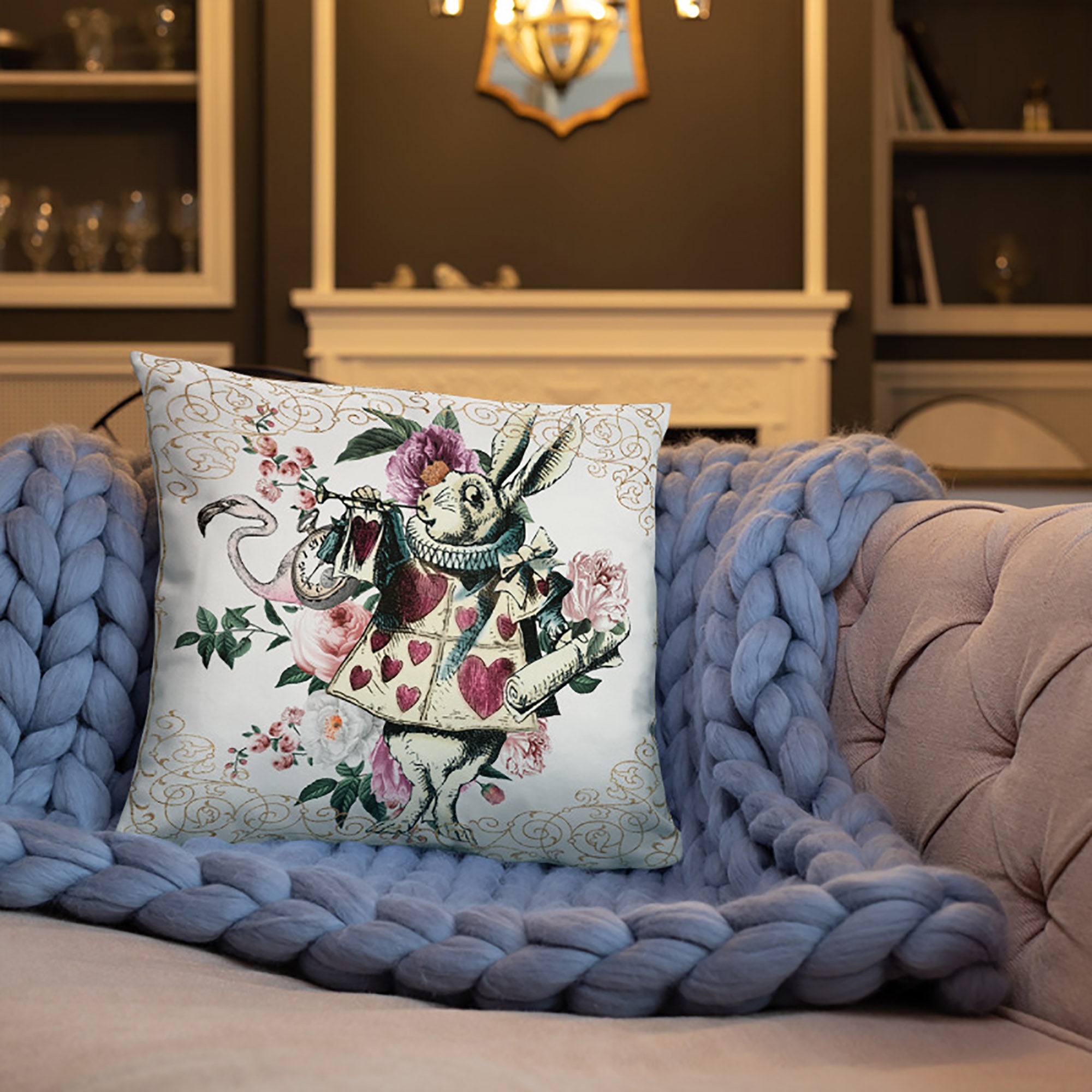 Pillow COVER Alice in Wonderland White Rabbit Decorative Vintage Looking Pillow Case for Home decoration Outdoor Indoor Decoration Pillow COVER Alice in Wonderland White Rabbit Decorative Vintage Looking Pillow Case for Home decoration Outdoor Indoor Decoration