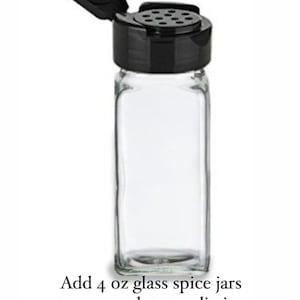 May include: Four clear glass spice jars with black shaker lids. Each jar is 4 ounces.