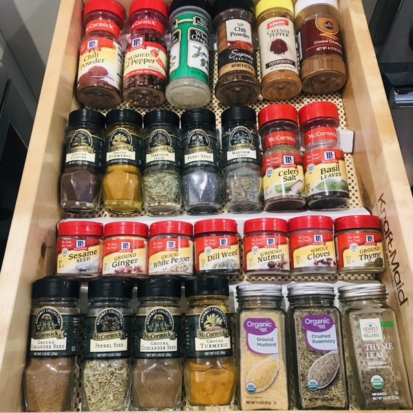 Customizable Spice Rack Drawer Organizer / Spice storage drawer organization / Kitchen drawer insert spice storage with liner / Horizontal