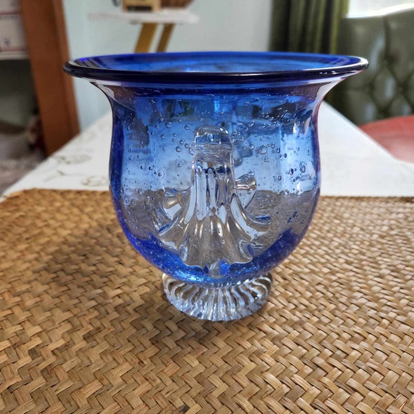 Cobalt Blue BUBBLE Art Glass Blown Vase With Clear Fluted Handles HEAVY thick Footed Pedestal Vase