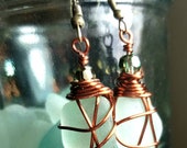 Sea glass earrings,Copper earrings,Wire wrap sea glass, wire wrap earrings,Green earrings,Crystal earrings,Green sea glass,Copper wire