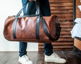 Cognac Leather Duffle Bag,Mens travel bag,Leather weekender bag,Leather duffle bags,Monogram duffle bag,Duffle bag men,Overnight bag for men