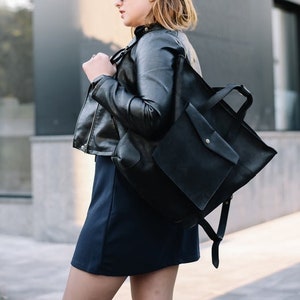 Simple Black Leather Tote Bag, Minimalist Everyday Work Bag image 1