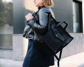 Simple Black Leather Tote Bag, Minimalist Everyday Work Bag