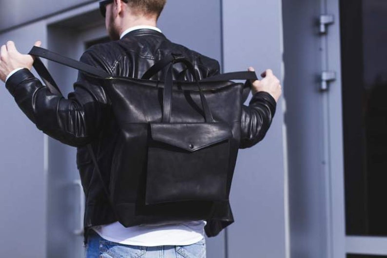Simple Black Leather Tote Bag, Minimalist Everyday Work Bag image 3
