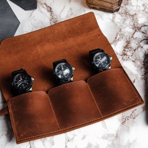Personalized leather watch roll case, Travel watch roll with 1-6 slots, Monogrammed watch pouch, Rolled watch storage with custom engrave