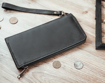 Monedero de cuero, Billetera personalizada, Billetera de cuero negra, Billetera de cuero para hombre, Billeteras de cuero para hombre, Billetera con cremallera, Billetera de cuero plegable
