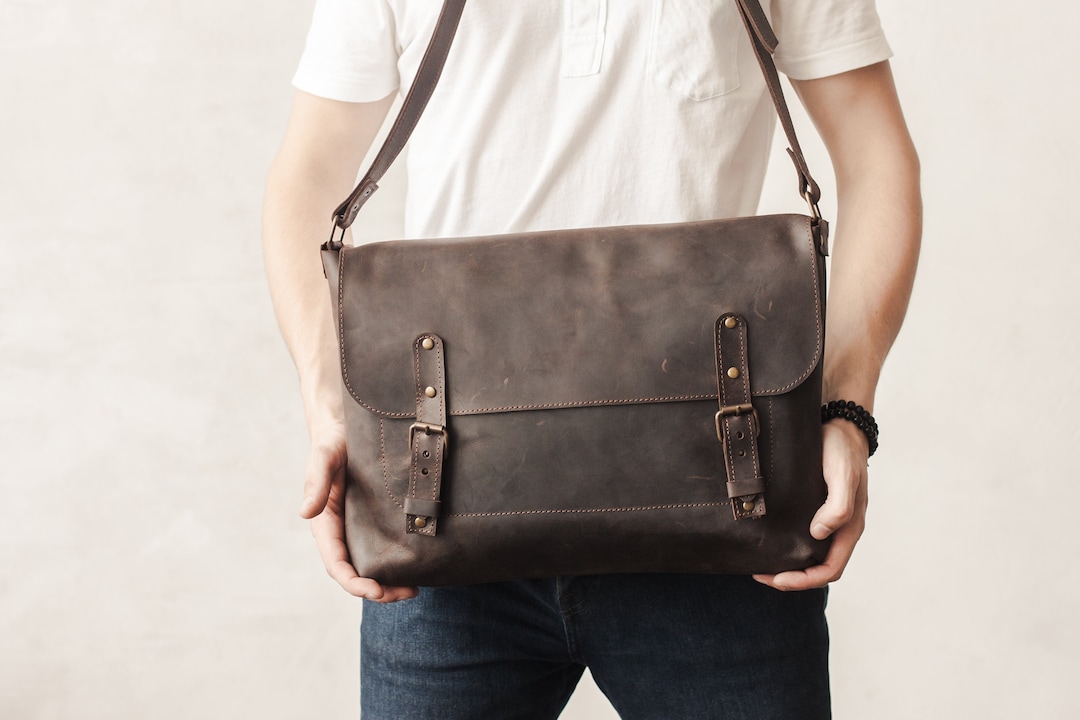 Rustic Leather Messenger Bag for Men Handmade Briefcase Vintage