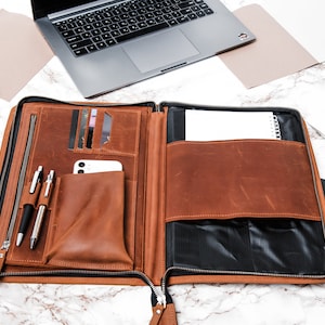 Portafolio de cuero personalizado, Carpetas organizadoras tamaño carta, Padfolio de cuero hombre, Cremallera de portafolio de cuero, Soporte A4, Bolsa de documentos