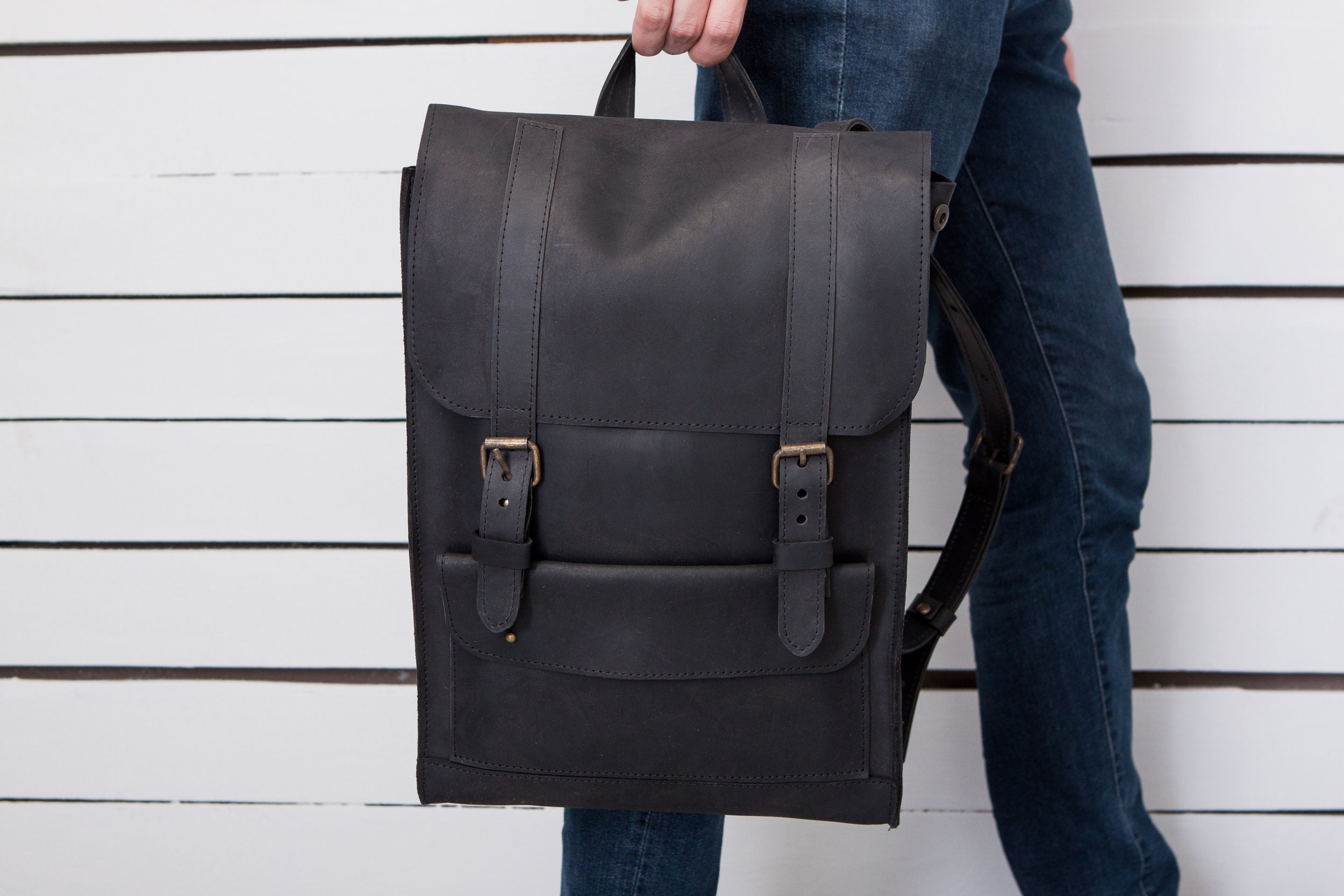 Black leather monogrammed large backpack for men Etsy