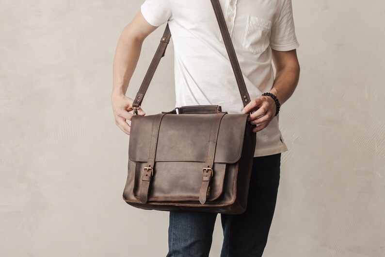 Brown Leather Messenger Bag for Men Handcrafted Briefcase Satchel Laptop Bag Rustic Leather Messenger Bag for Men image 2