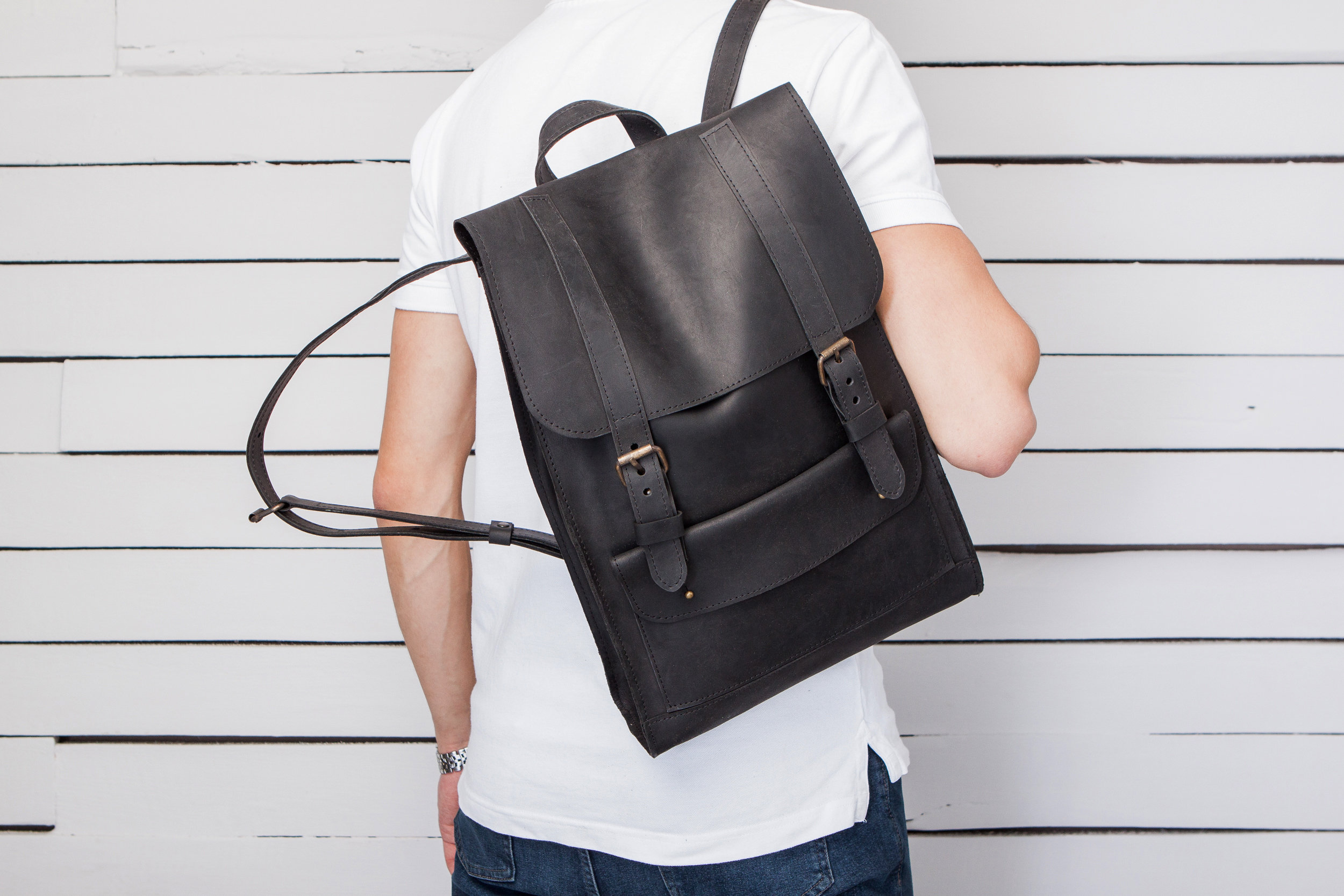Black leather monogrammed large backpack for men Etsy