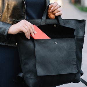 Simple Black Leather Tote Bag, Minimalist Everyday Work Bag image 2