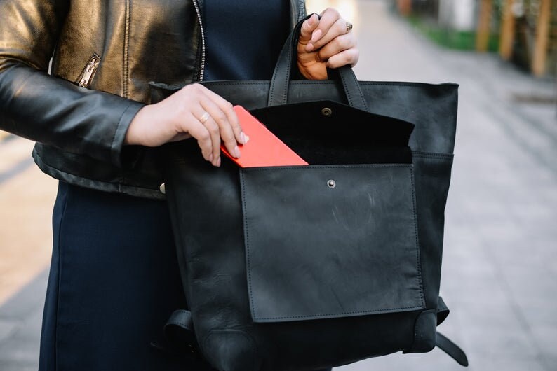 Simple Black Leather Tote Bag, Minimalist Everyday Work Bag image 2