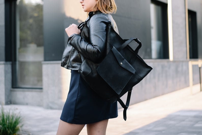 Simple Black Leather Tote Bag, Minimalist Everyday Work Bag image 1