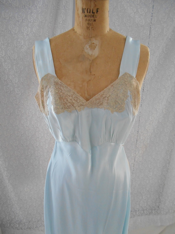 1930's Pale Ice Blue Satin Lace Night Gown by "Tex
