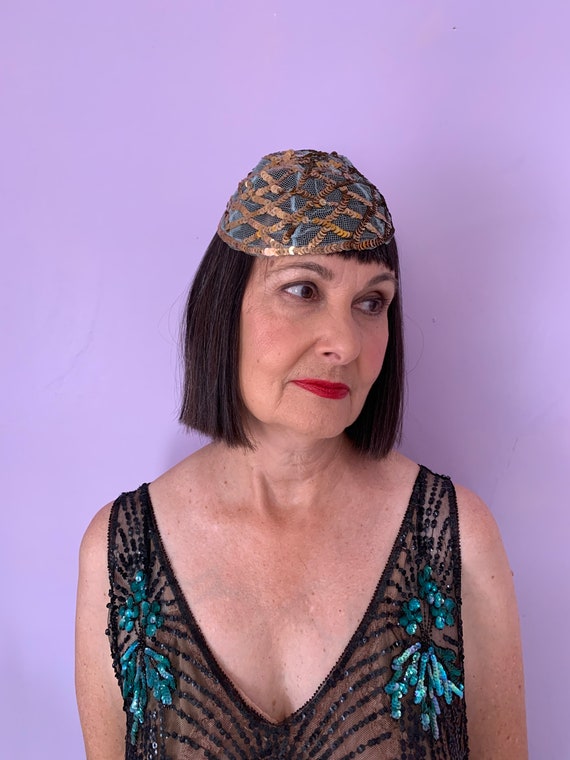 1920’s Skull Cap with Blue Netting and Gold Sequin
