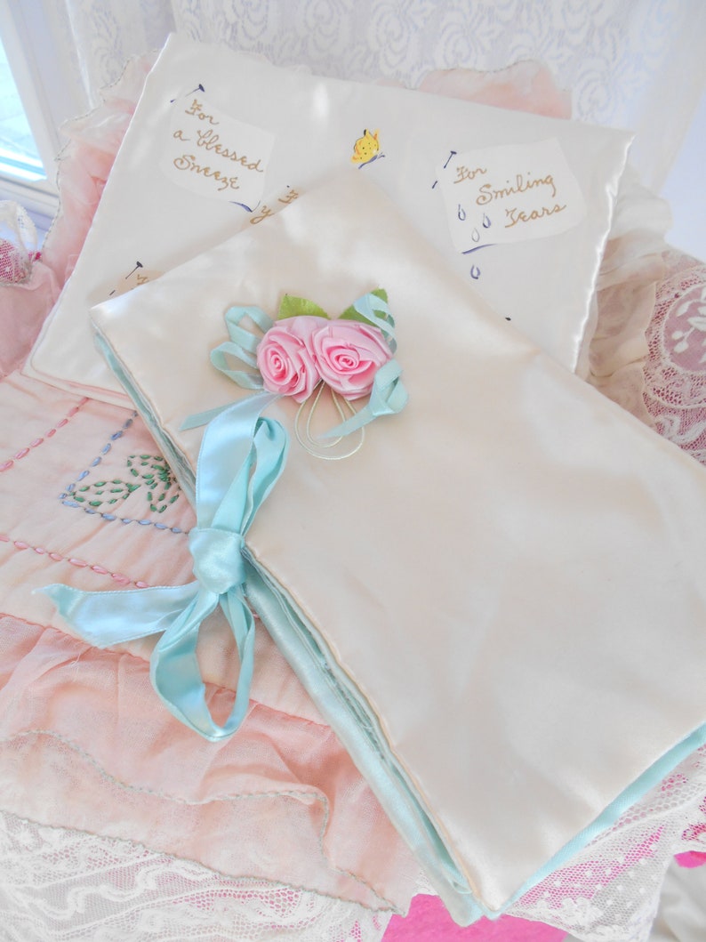 Pretty 1940/'s Pale Pink /& Aqua Satin Jewelry BagHolder with Rose Buds