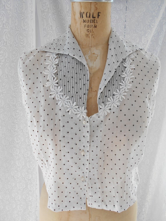 Cute 1940's White Cotton Polka Dotted Blouse