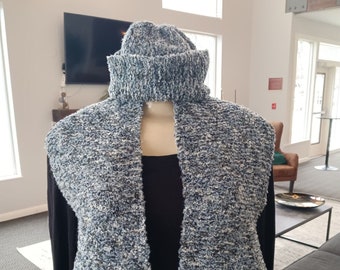 Unisex Handmade Knit Gray Scarf with matching Hat -  Gift for Her or Him