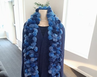Blue Handmade Knit Pom Pom  Scarf - Long & Soft -  Gift for Her