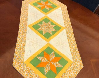 Cotton Hand Quilt Table Runner, Patchwork Table Topper with Star Pattern