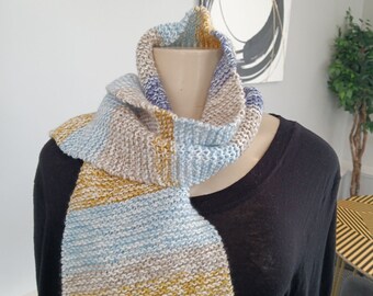 Unisex Blue Yellow Hand Knit Scarf - Gift for Her or Him