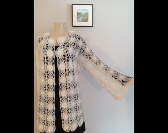 Wool Blend Cardigan made with Hand Crochet Flowers and Pearls, Crochet Flower Cardigan