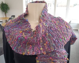 Colorful Hand Knit Scarf w/Mini Pom Poms , Gift for Her