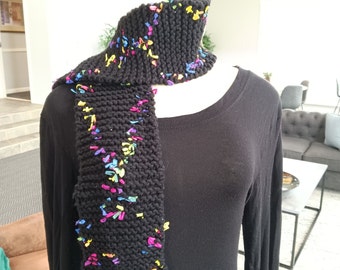 Black with Colorful Ribbons Hand Knit Scarf - Skinny Scarf -  Gift for Her