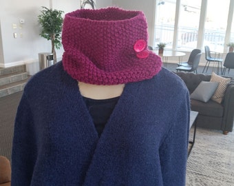 Wool Blend, Magenta Hand Knit Cowl Scarf with Buttons - Woman's Neck Warmer