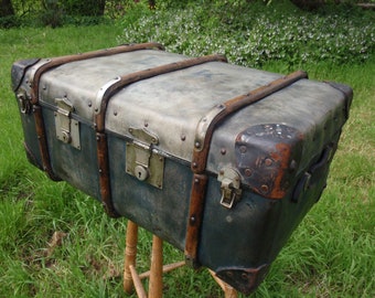 Large Wood Banded Antique Travel Trunk Great Patina Like Faded Denim Antique Luggage Trunk