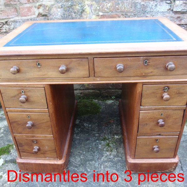 Antique Compact Pedestal Desk Small Desk Leather Top Captains Desk Kneehole Desk Blue Leather Top Desk Executive 8 Drawer Desk On Castors