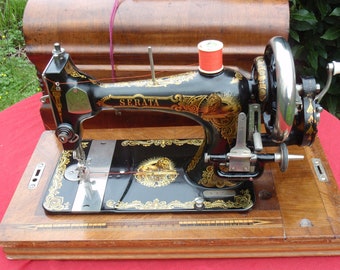 Stoewer Serata Sewing Machine Working Antique Sewing Machine Vibrating Shuttle Hand Crank Bernard Stoewer Coffin Lid Case Marquetry & Key