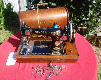 Antique Singer 128K Sewing Machine Rococo Decals 1914 Bentwood Case Vibrating Shuttle Hand Crank Sewing Machine