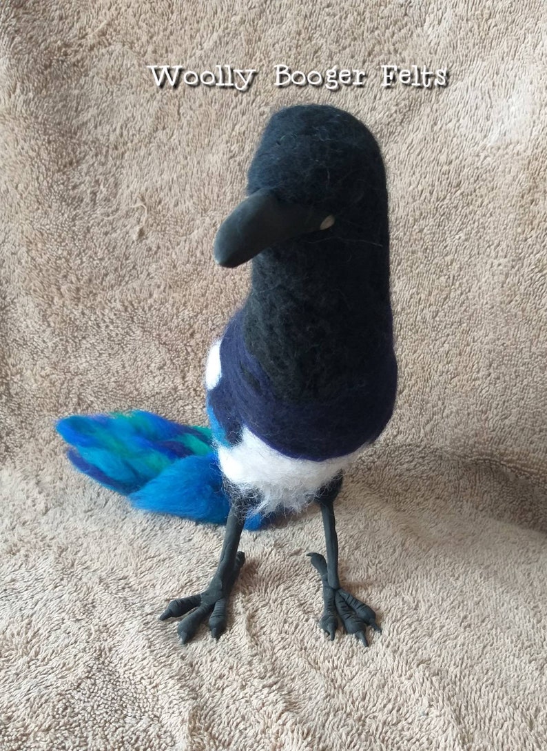 Needle felted black billed magpie