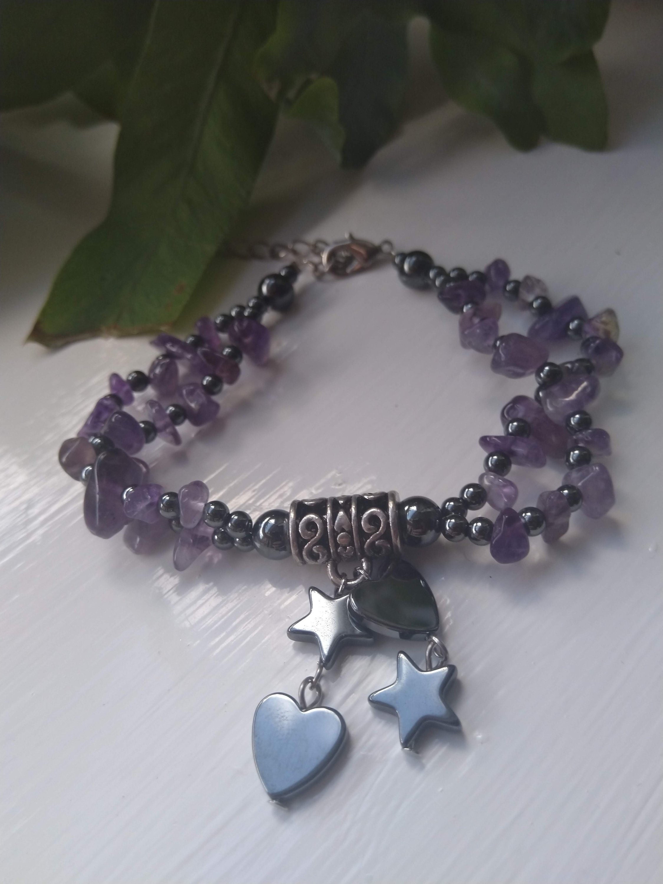 Hematite Amethyst Charm Bracelet Etsy
