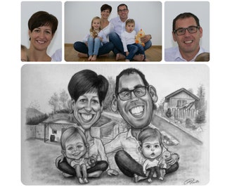 unique family gift/ not digital, handmade caricature on paper/ really similar caricature from photo/ special, funny gift for family