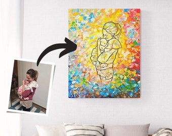 Detailliertes Line People Portrait, Acryl Gemälde auf Leinwand, handgezeichnete, benutzerdefinierte, personalisiertes Mama Geschenk vom Foto